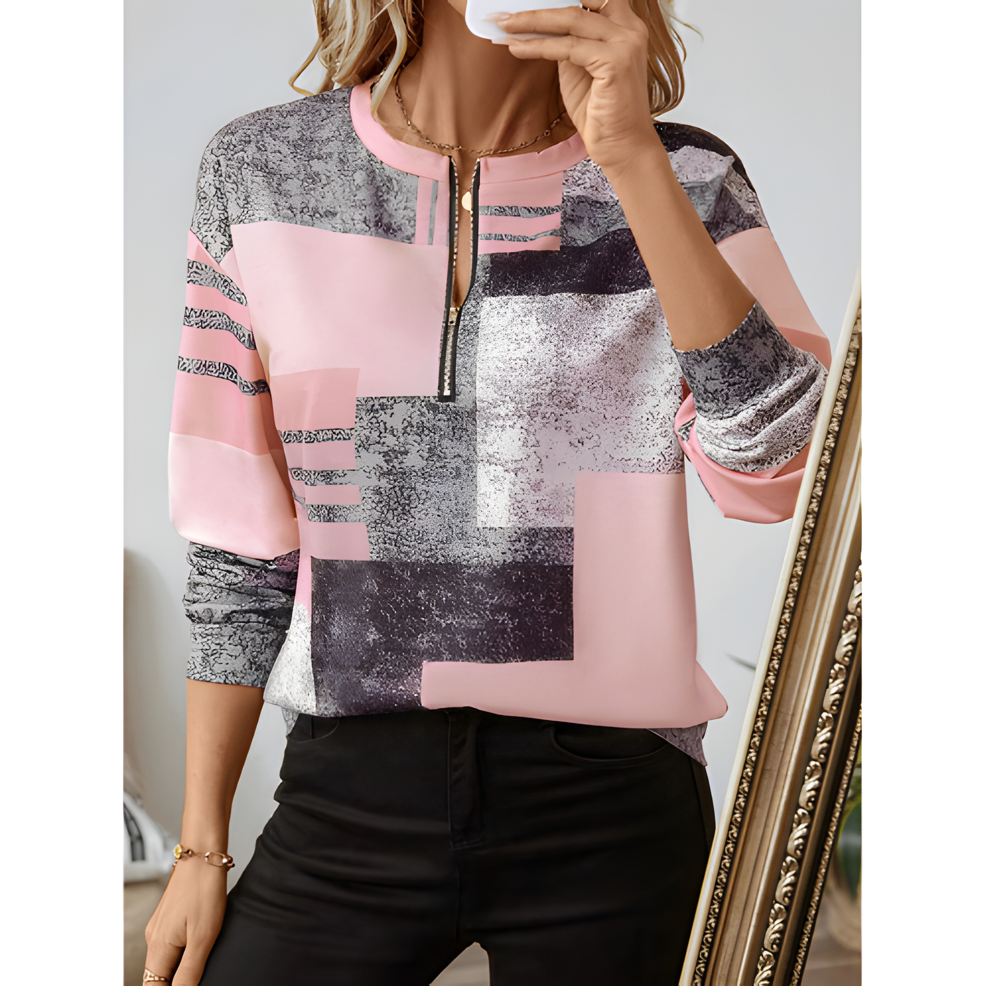Women's Vintage Chic Geometric Zip Jumper | Winter