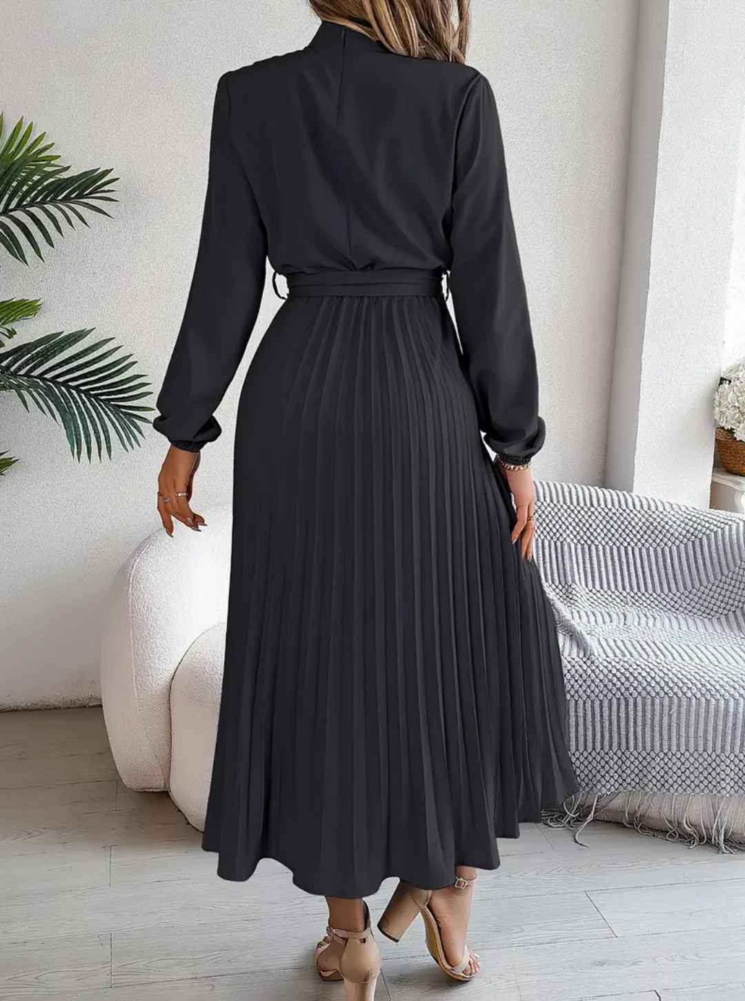 Women's Pleated Midi Dress | Tie-Waist Long Sleeve Daily Refined Wear