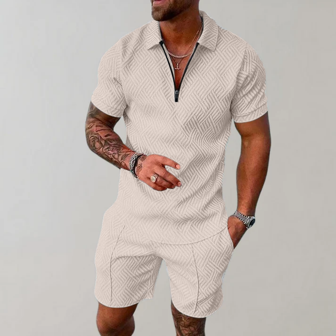 Polo Short Set | Men's Zip Neck Textured