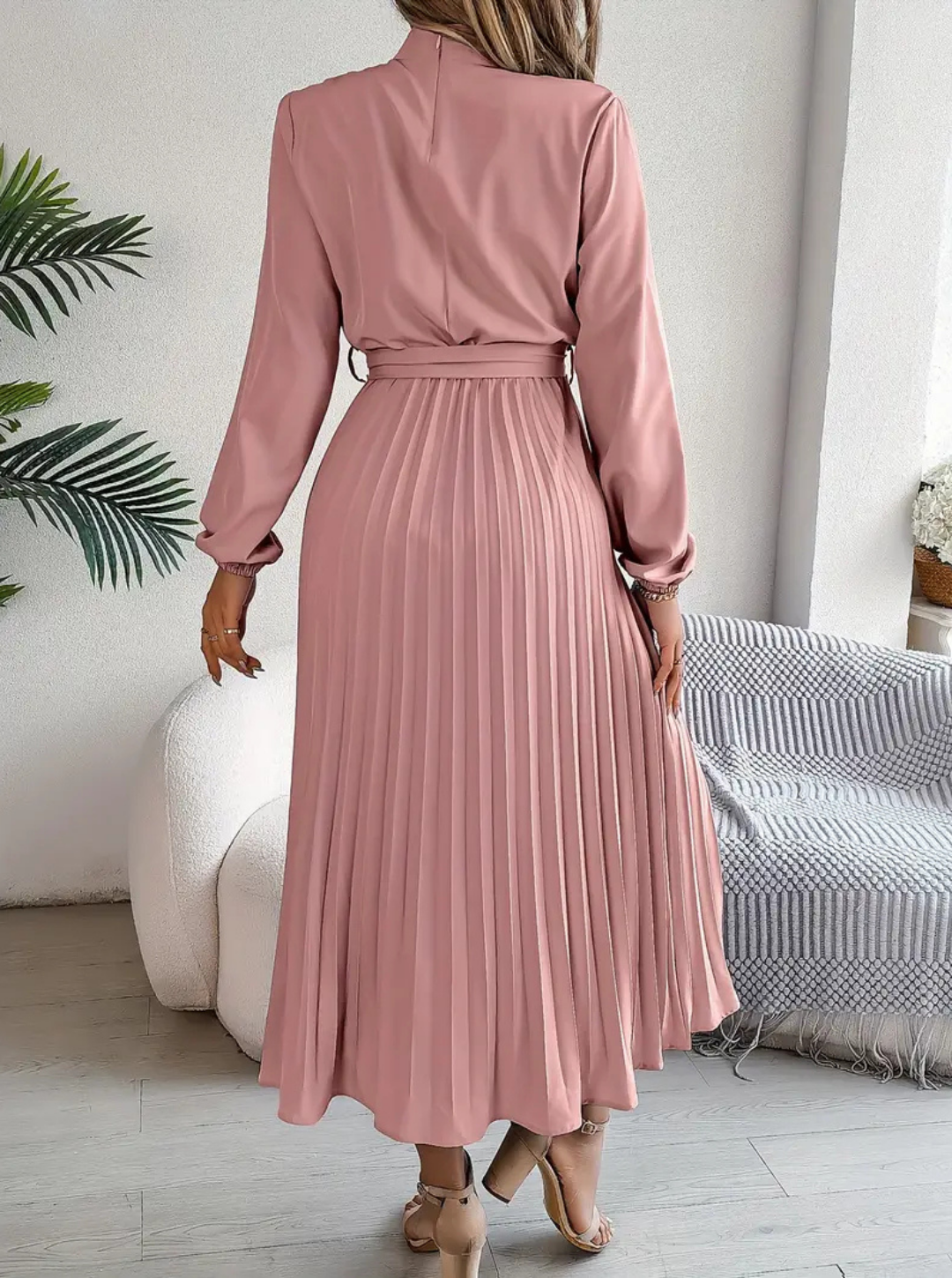 Women's Pleated Midi Dress | Tie-Waist Long Sleeve Daily Refined Wear