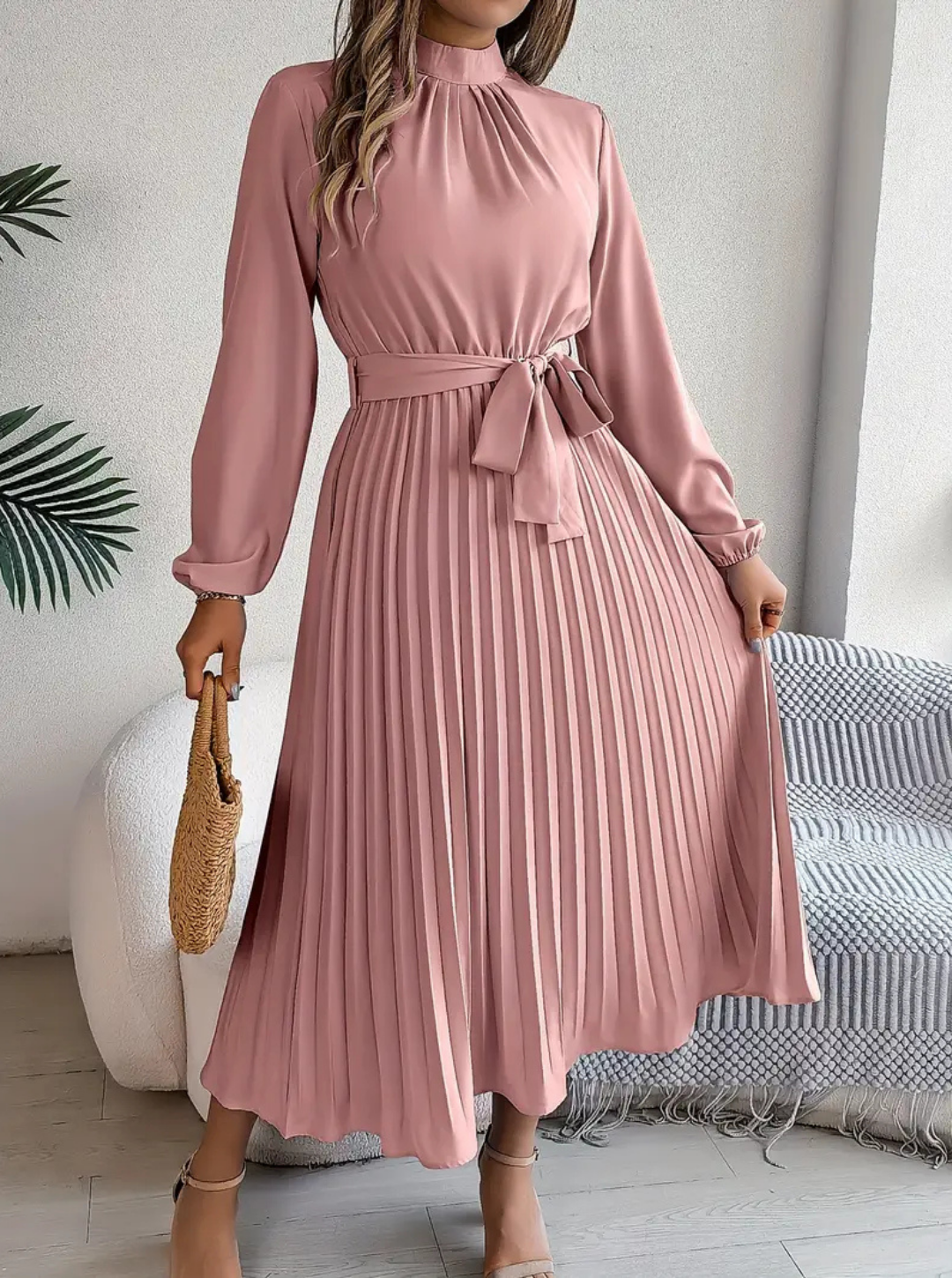 Women's Pleated Midi Dress | Tie-Waist Long Sleeve Daily Refined Wear