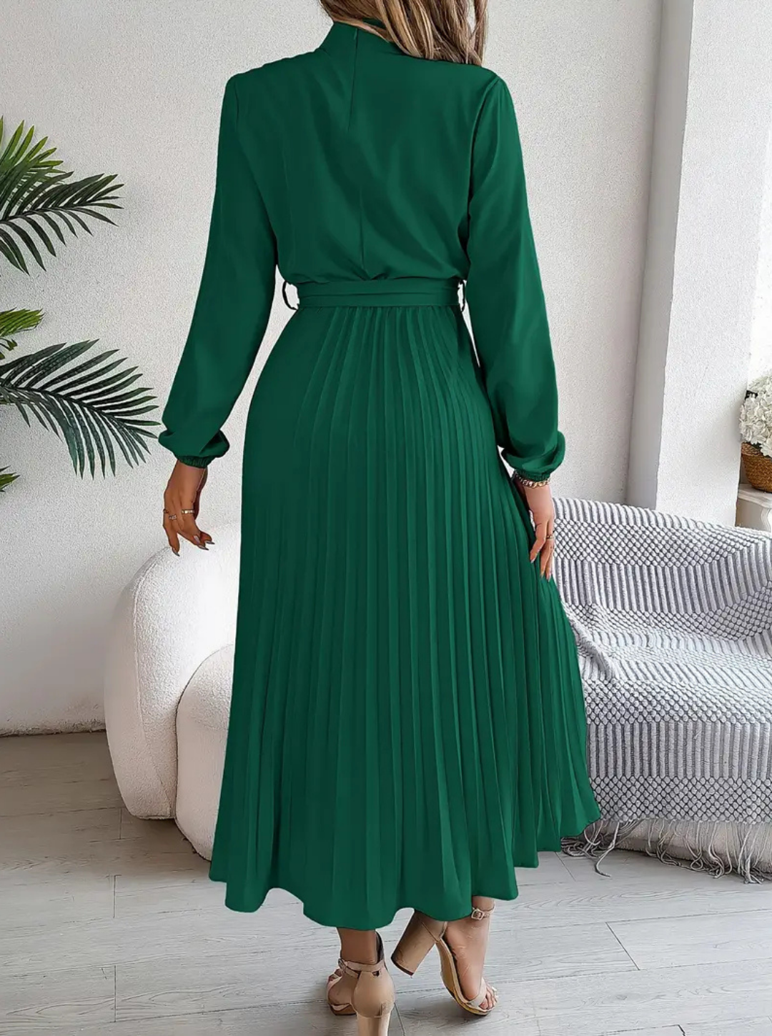 Women's Pleated Midi Dress | Tie-Waist Long Sleeve Daily Refined Wear