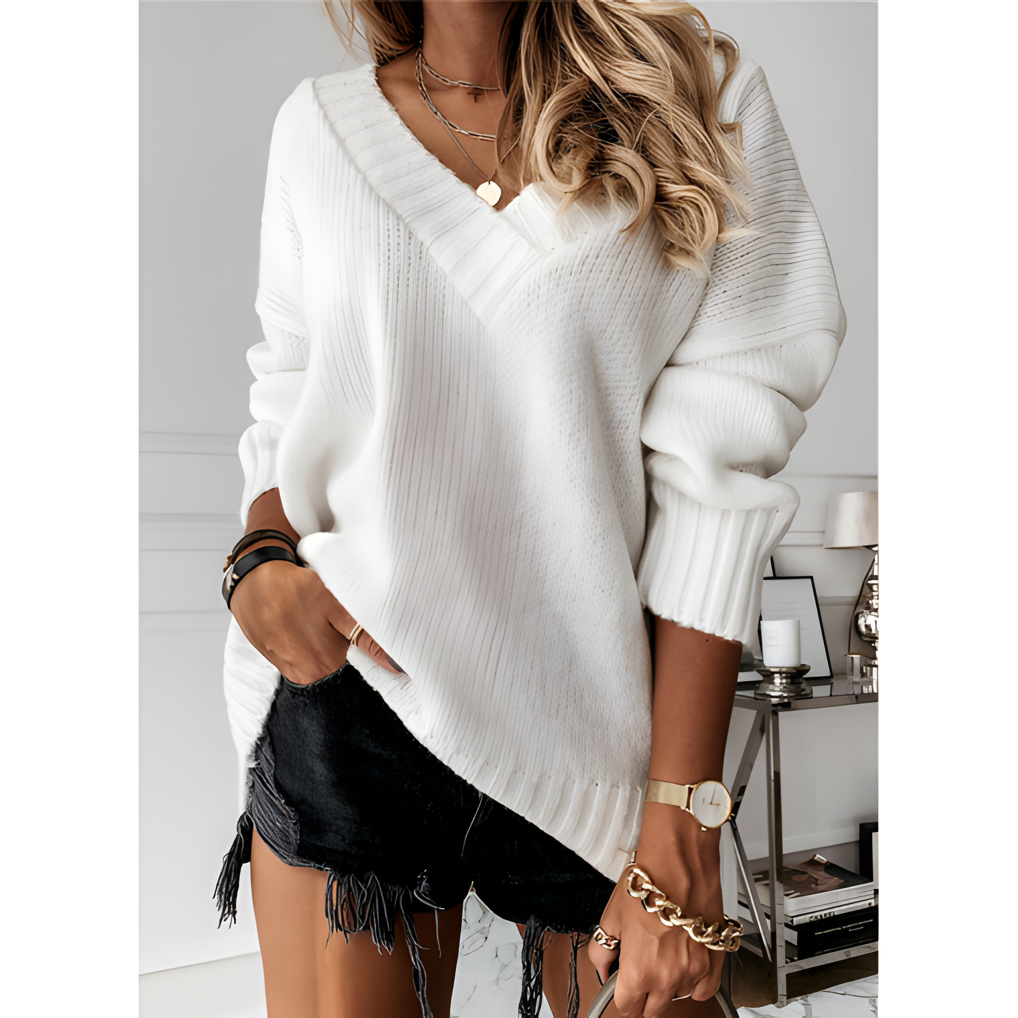 V-Neck Sweater – Women’s Relaxed Long Sleeve Knit