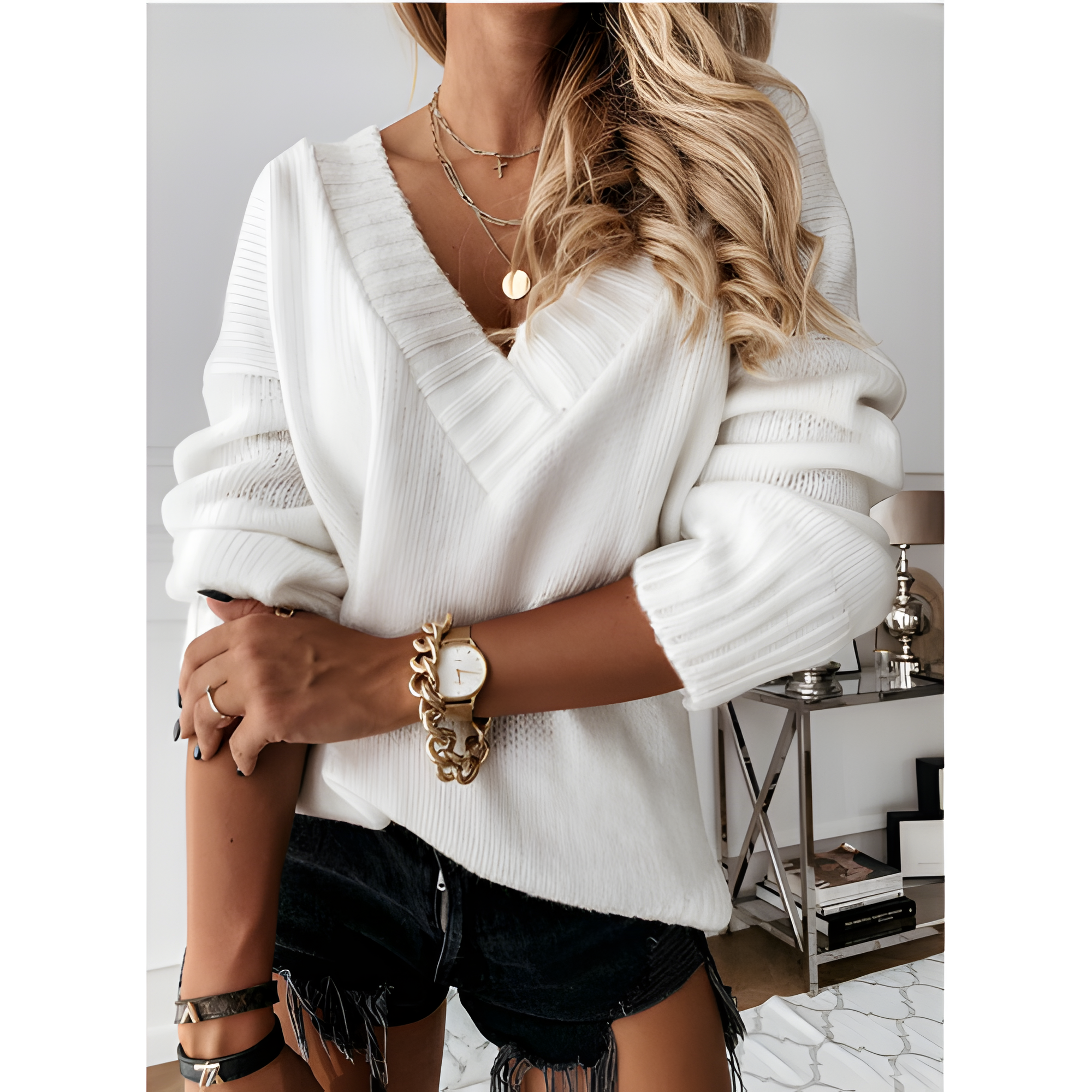 V-Neck Sweater – Women’s Relaxed Long Sleeve Knit