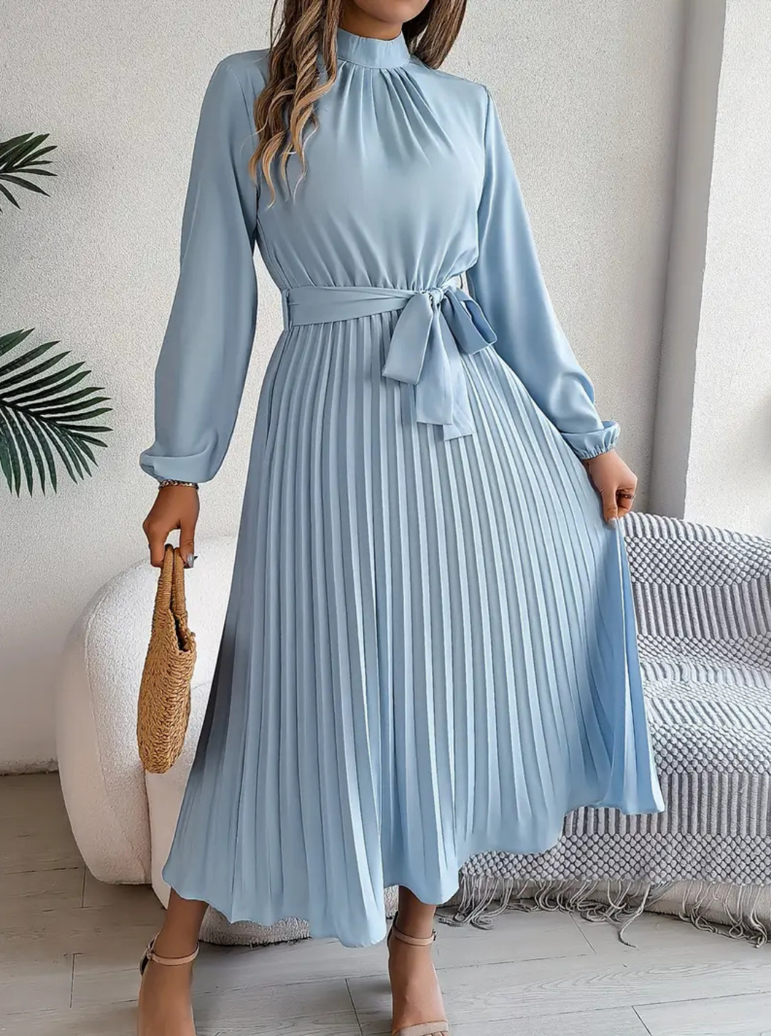 Women's Pleated Midi Dress | Tie-Waist Long Sleeve Daily Refined Wear