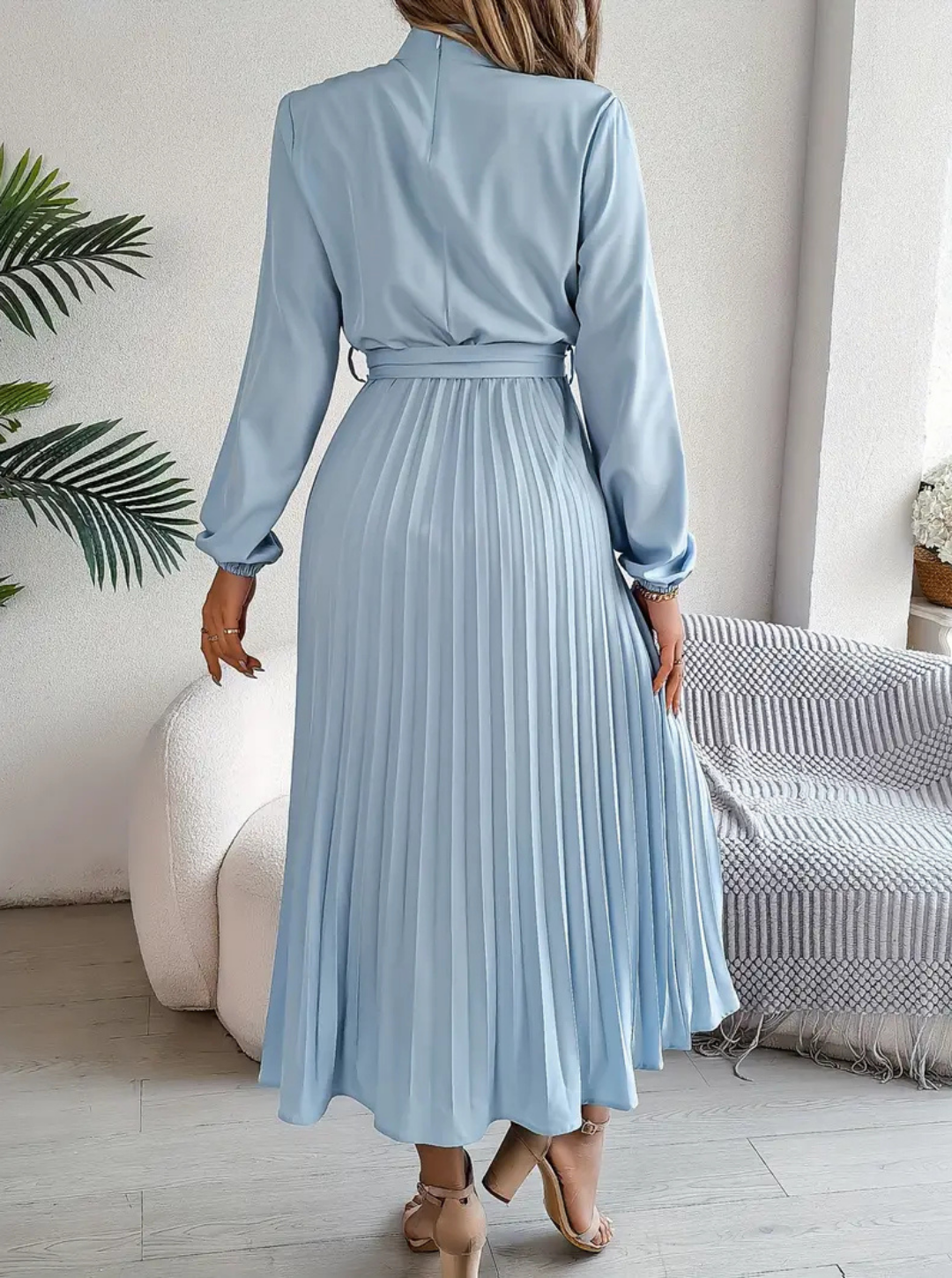 Women's Pleated Midi Dress | Tie-Waist Long Sleeve Daily Refined Wear