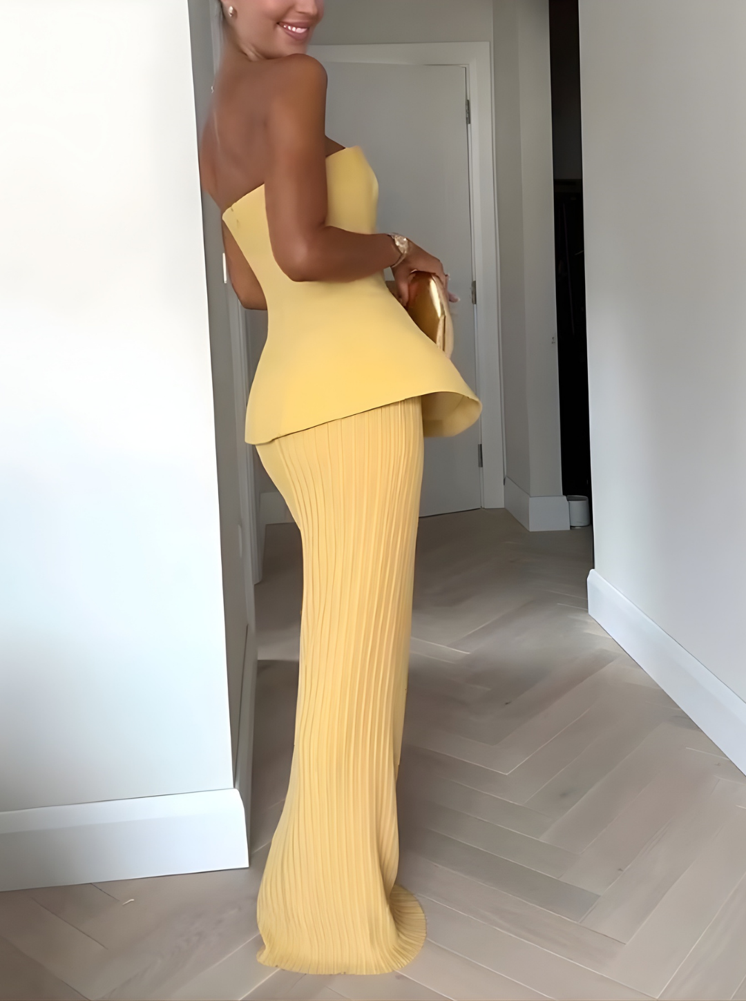 Women's Strapless Peplum Set | Structured Yellow Maxi Evening Loungewear