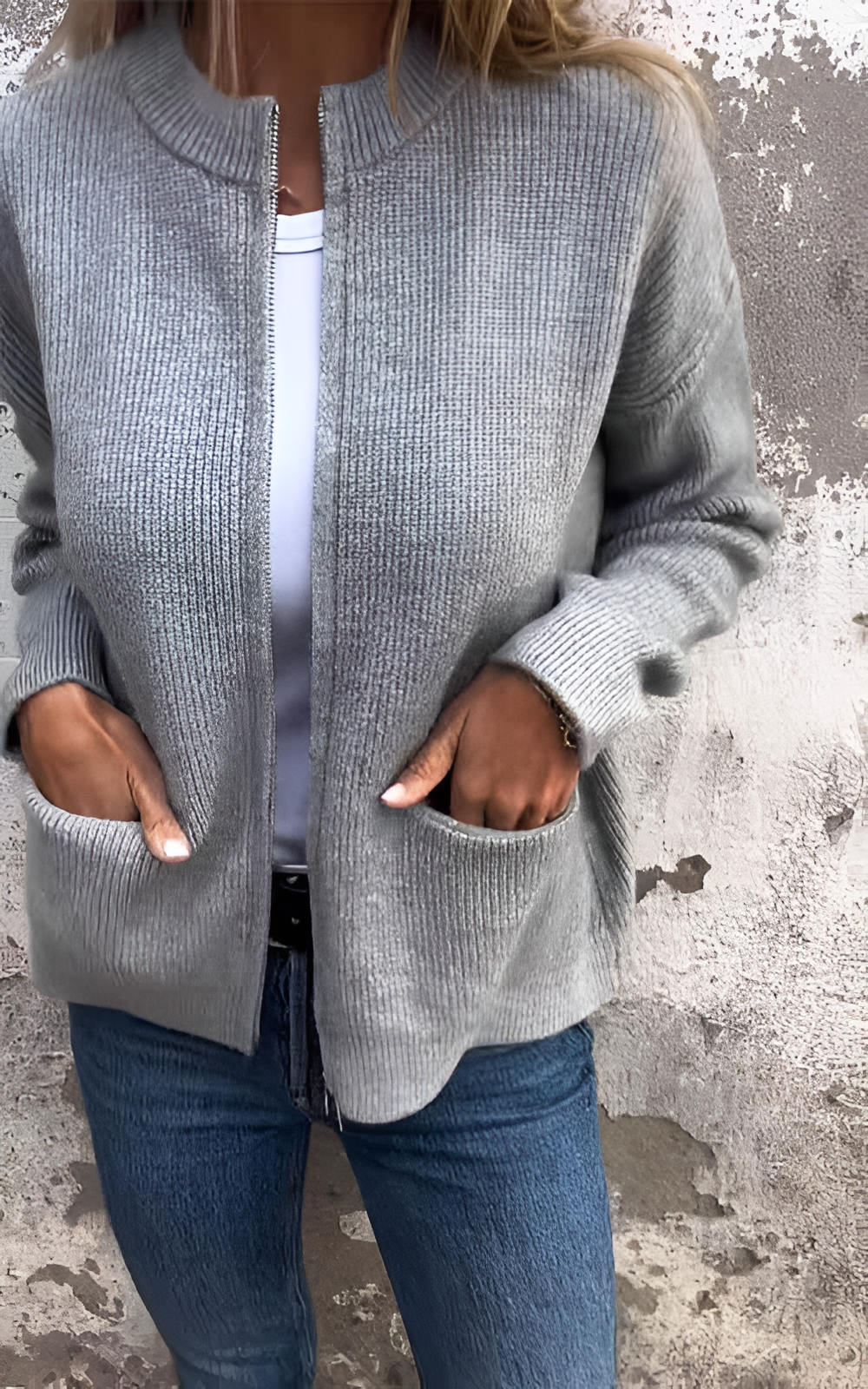Ribbed Cardigan | Women's Winter Zip-Front Side Pockets