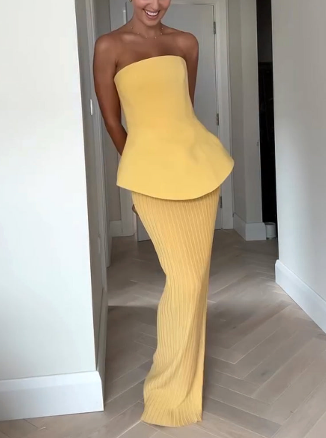Women's Strapless Peplum Set | Structured Yellow Maxi Evening Loungewear