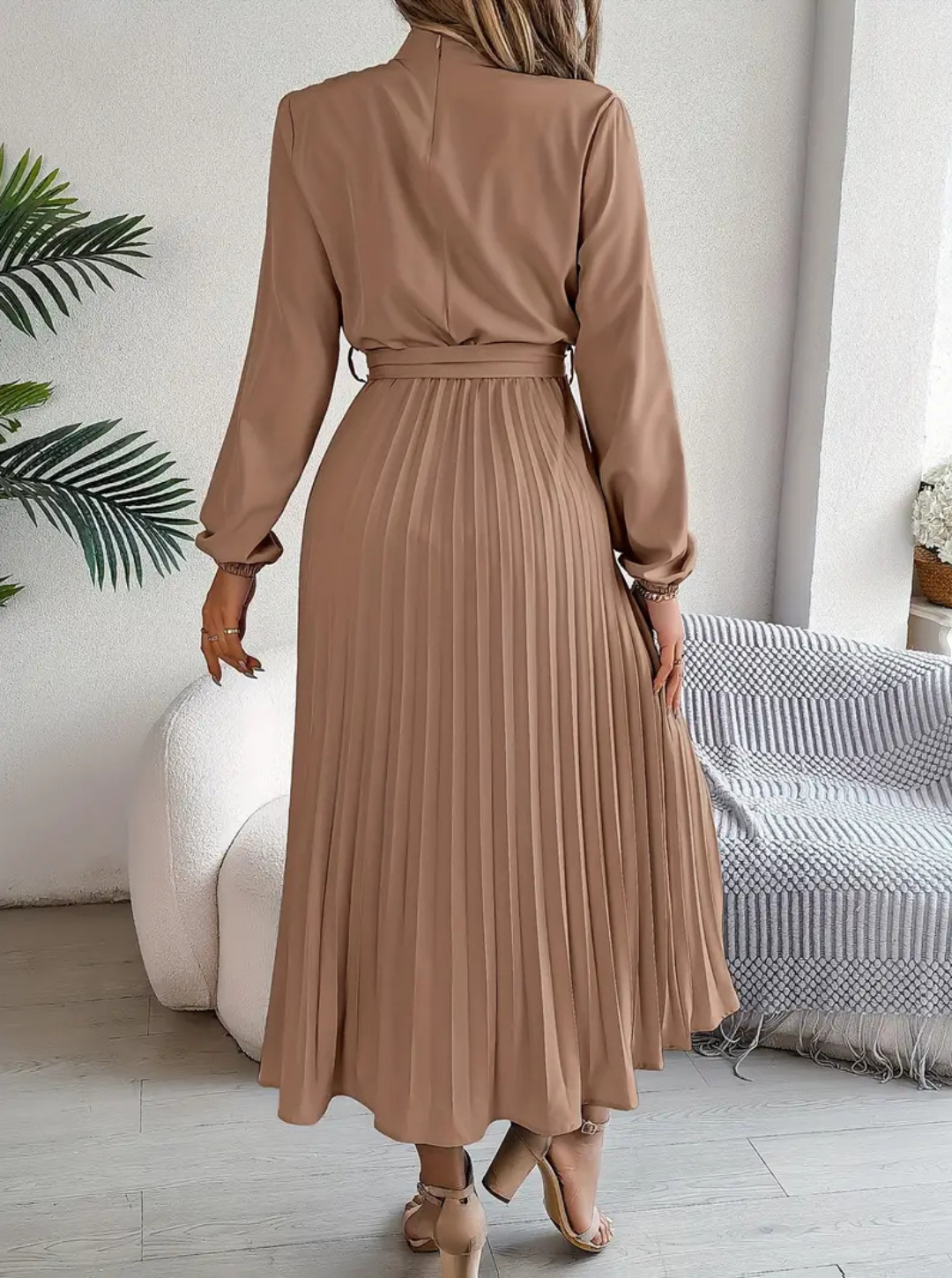 Women's Pleated Midi Dress | Tie-Waist Long Sleeve Daily Refined Wear