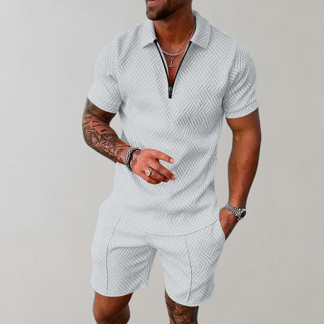 Polo Short Set | Men's Zip Neck Textured