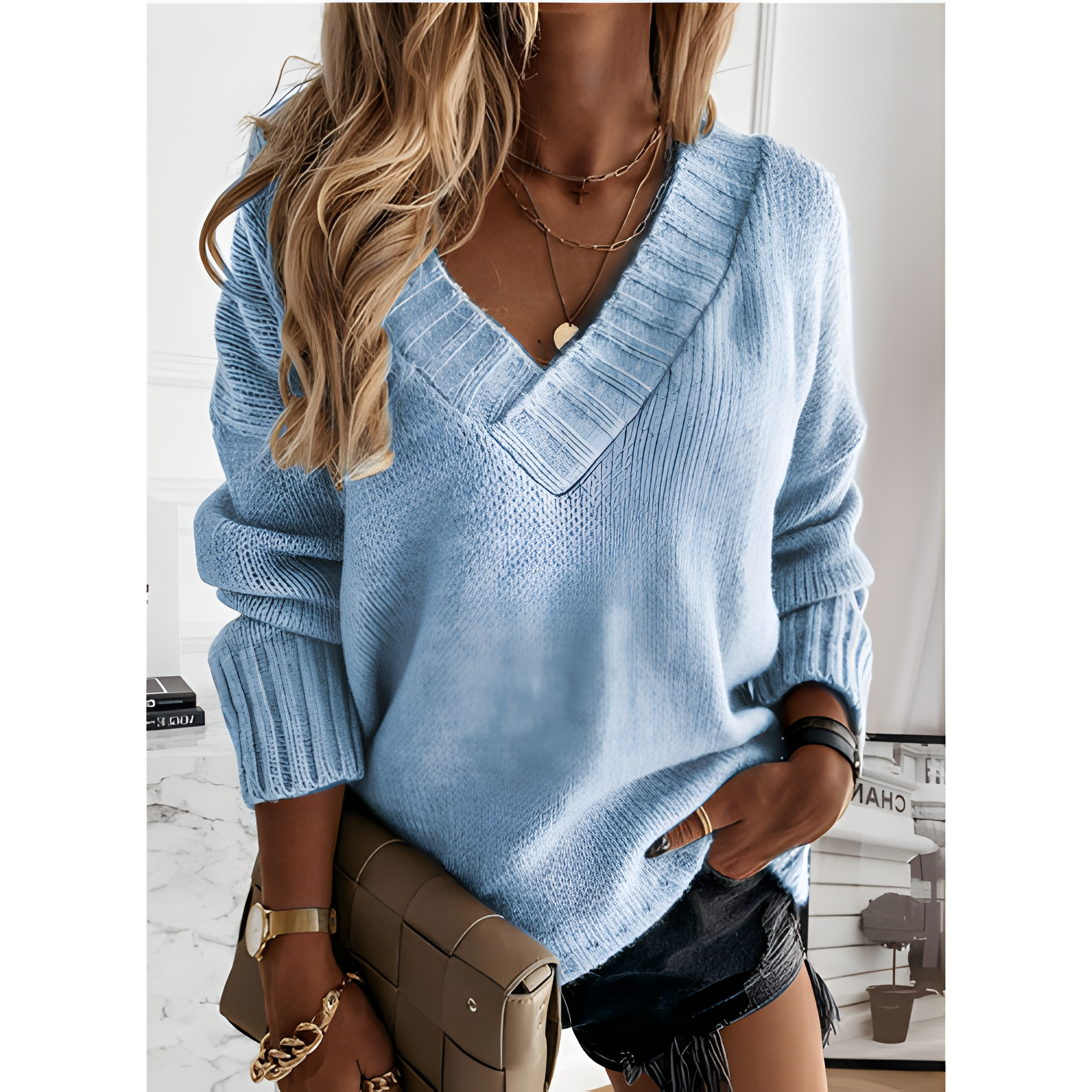 V-Neck Sweater – Women’s Relaxed Long Sleeve Knit