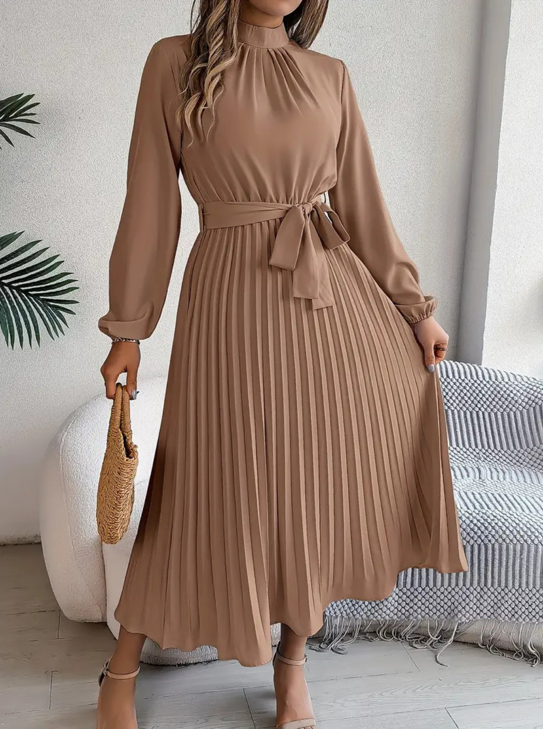 Women's Pleated Midi Dress | Tie-Waist Long Sleeve Daily Refined Wear