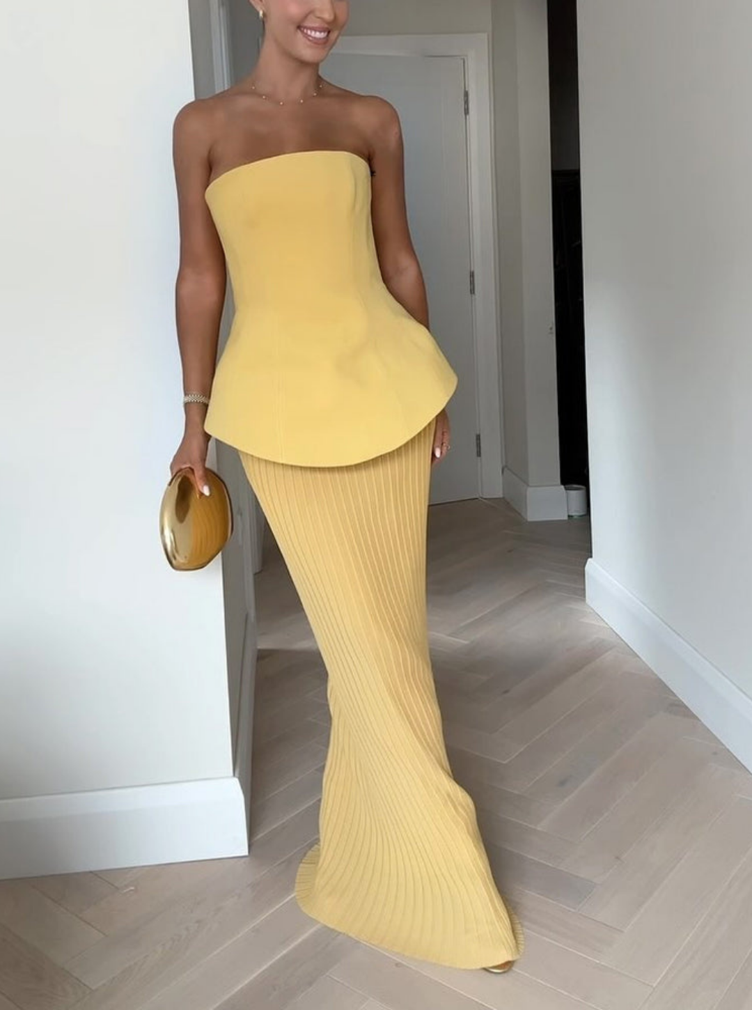 Women's Strapless Peplum Set | Structured Yellow Maxi Evening Loungewear