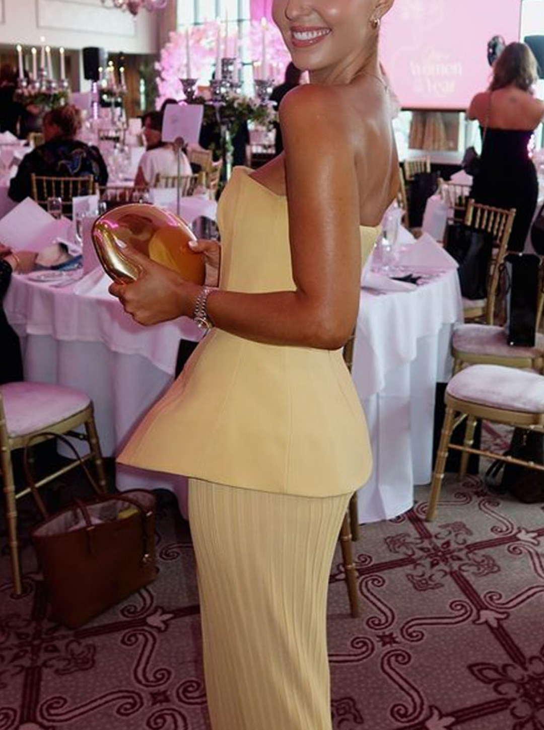 Women's Strapless Peplum Set | Structured Yellow Maxi Evening Loungewear