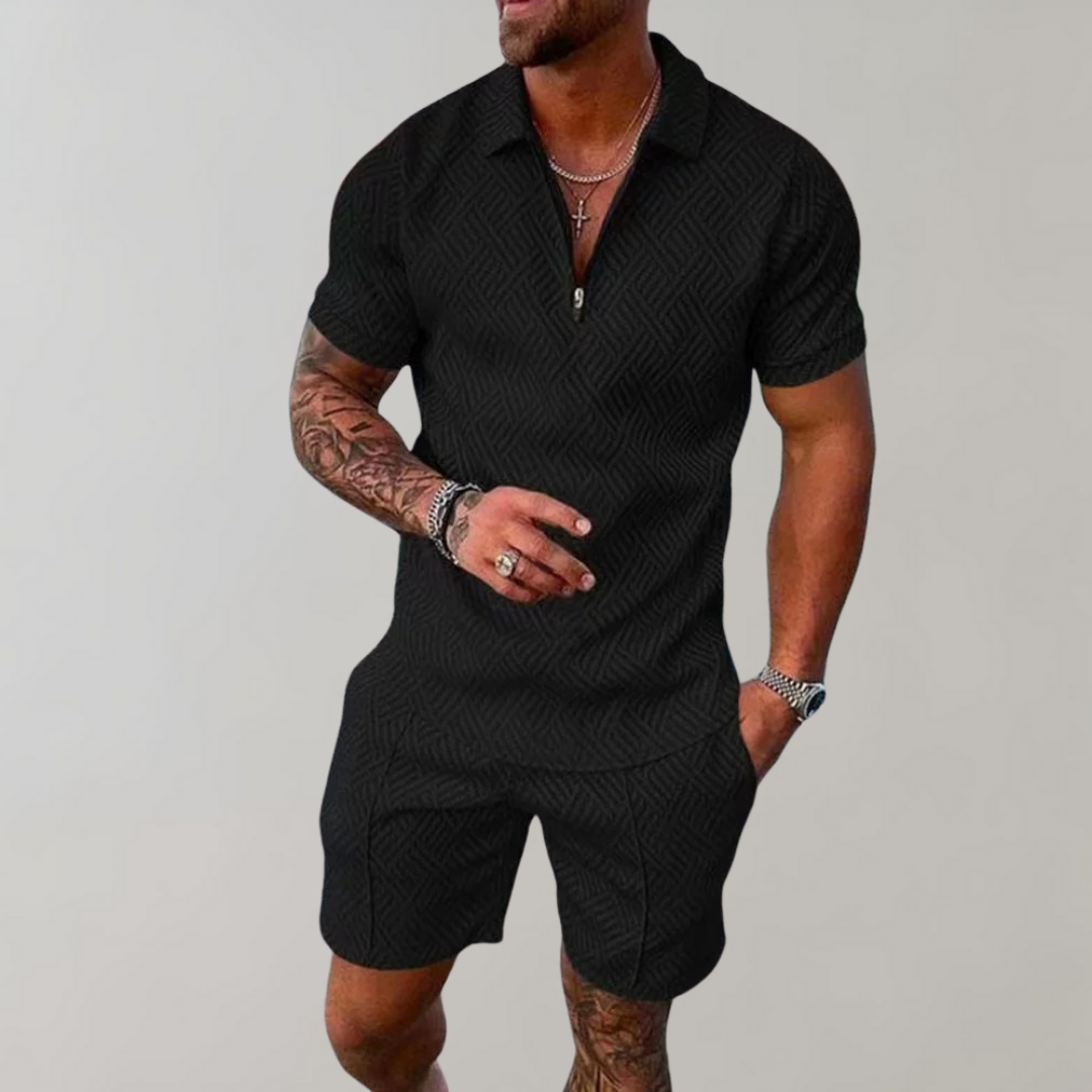 Polo Short Set | Men's Zip Neck Textured