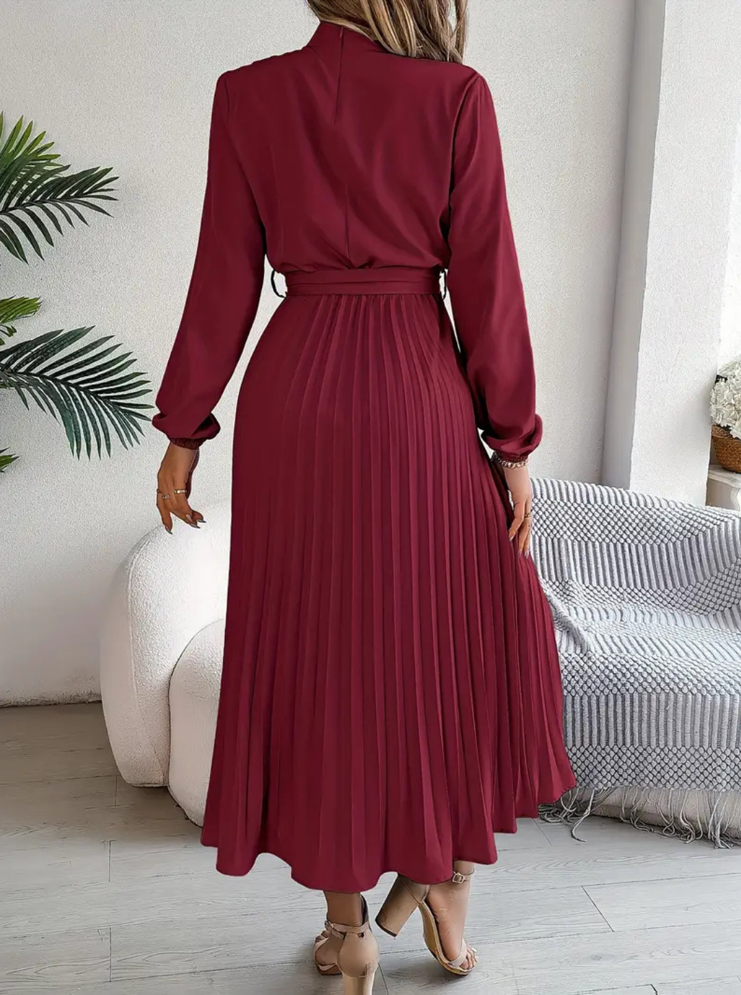Women's Pleated Midi Dress | Tie-Waist Long Sleeve Daily Refined Wear