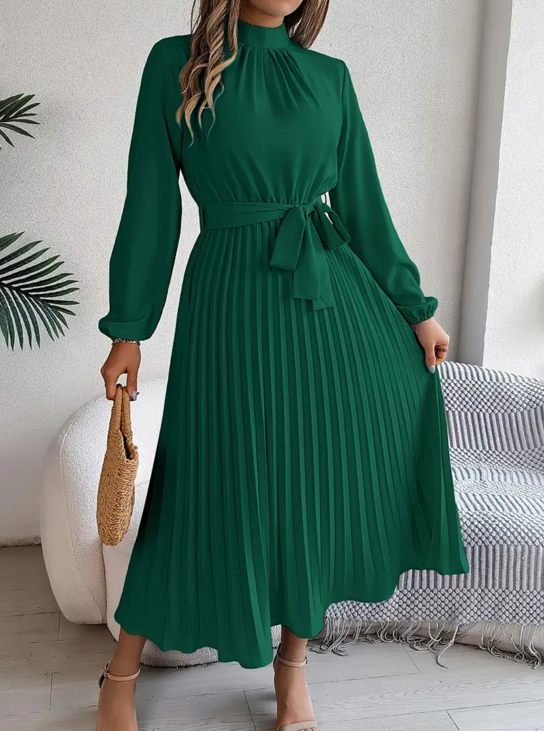 Women's Pleated Midi Dress | Tie-Waist Long Sleeve Daily Refined Wear
